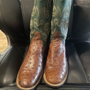 Rios of Mercedes Brown Ostrich Foot with Teal Embroidered Shaft Cowboy Boots